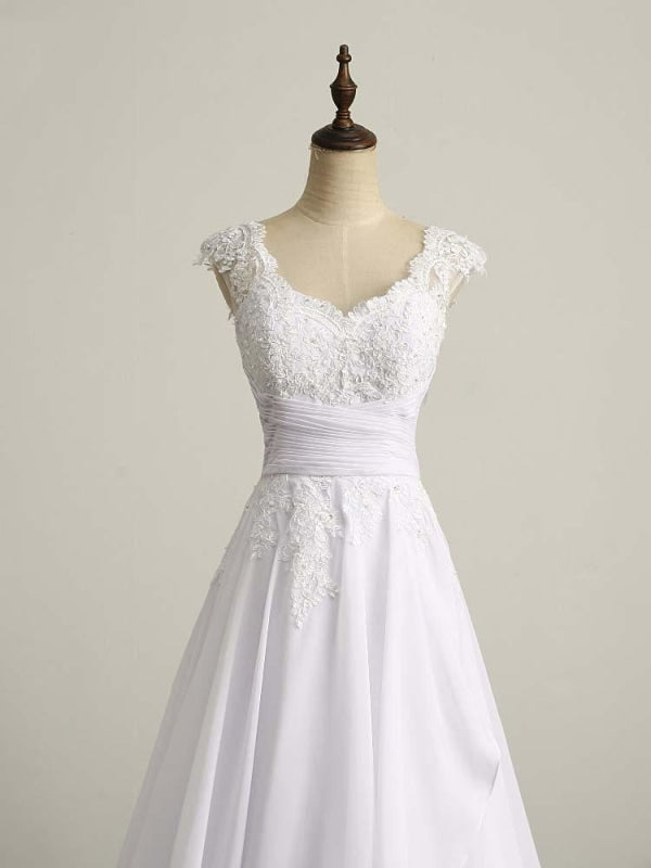 Wedding Dress Girls, Appliques V-Neck Lace-Up Chiffon Wedding Dresses