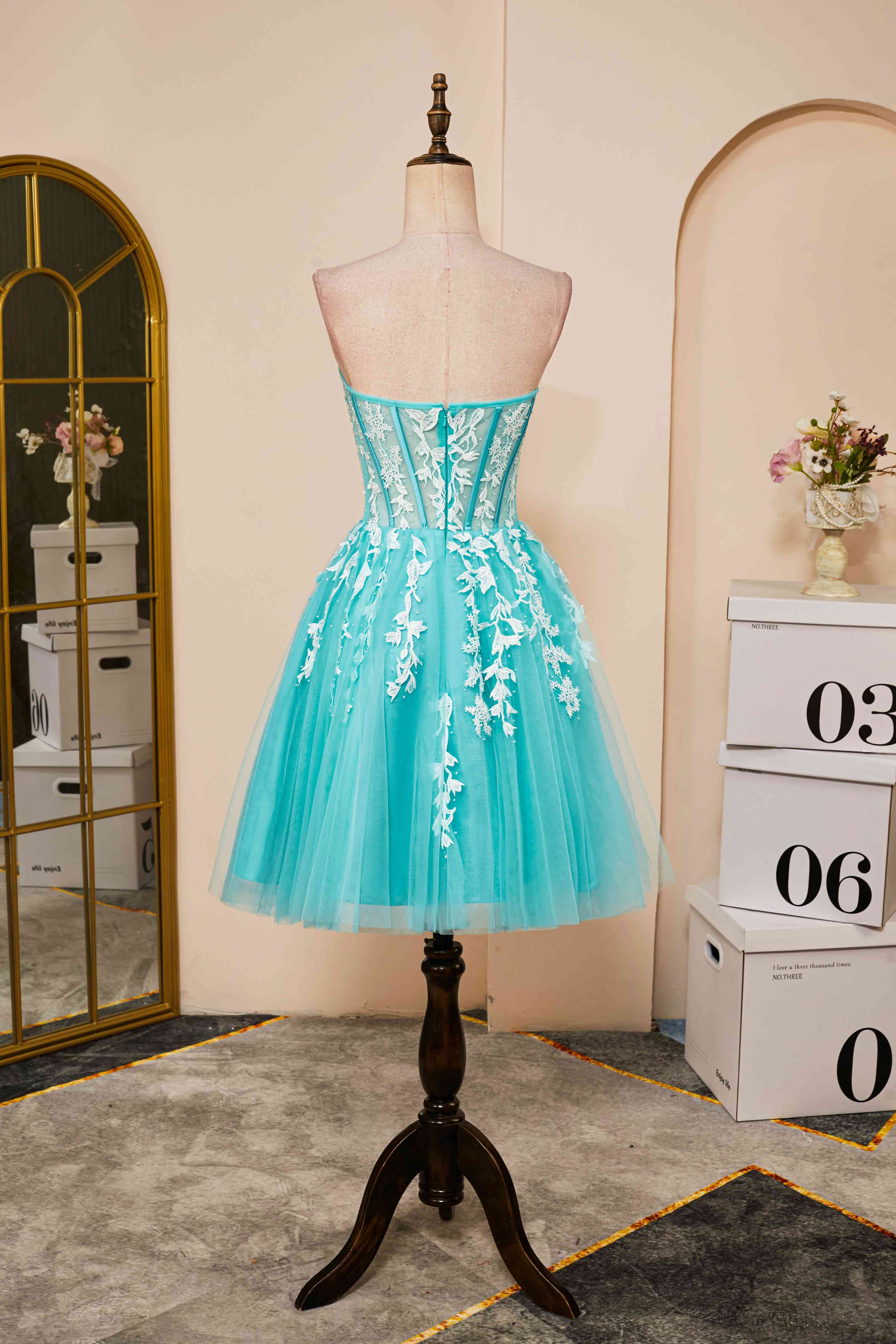 Evening Dresses Long Elegant, Aqua Blue Strapless A-Line Short Homecoming Dress with Appliques