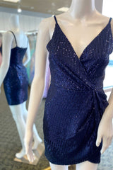 Bridesmaid Dress Spring, Navy Blue Sequins V-Neck Mini Homecoming Dress