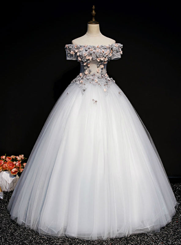 Available In Sizes 0-24 Gray Ball Gown Tulle Appliques Off the Shoulder Short Sleeve Quinceanera Dress