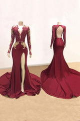 Evenning Dress For Wedding Guest, Awesome V-neck Long Sleeve High Slit Mermaid Prom Dress