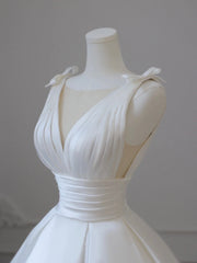 Weddings Dress Styles, White V-Neck Satin Long Formal Dress, Elegant A-Line Wedding Party Dress