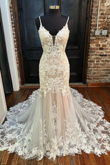 Wedding Dress Beach, Elegant V Neck Mermaid Lace Appliques Wedding Dresses