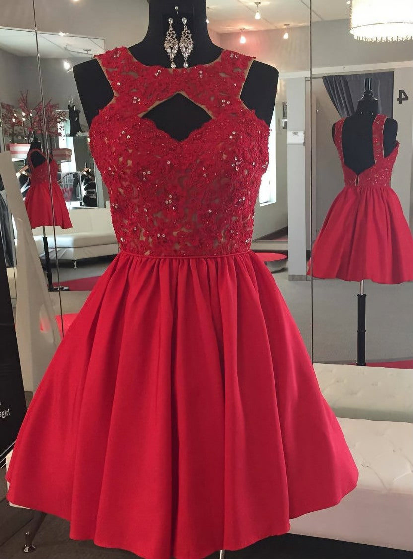 Backless Beaded Lace Red Satin Homecoming Dress Short Prom Gowns