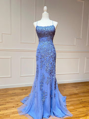 Party Dress Night Out, Backless Blue Lace Mermaid Prom Dresses, Open Back Lace Mermaid Formal Evening Dresses