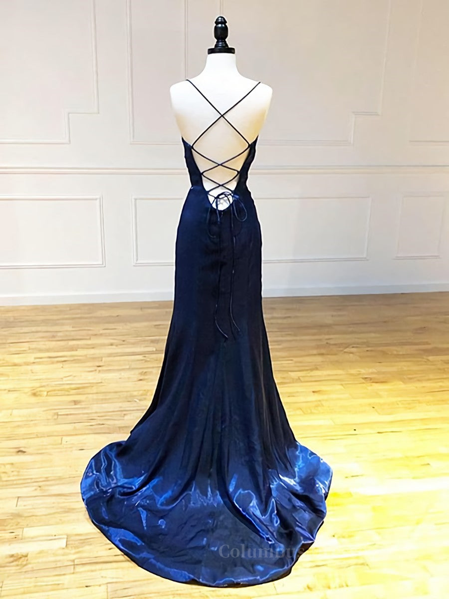 Prom Dresses Off Shoulder, Backless Dark Navy Blue Long Prom Dresses, Dark Navy Blue Formal Graduation Evening Dresses