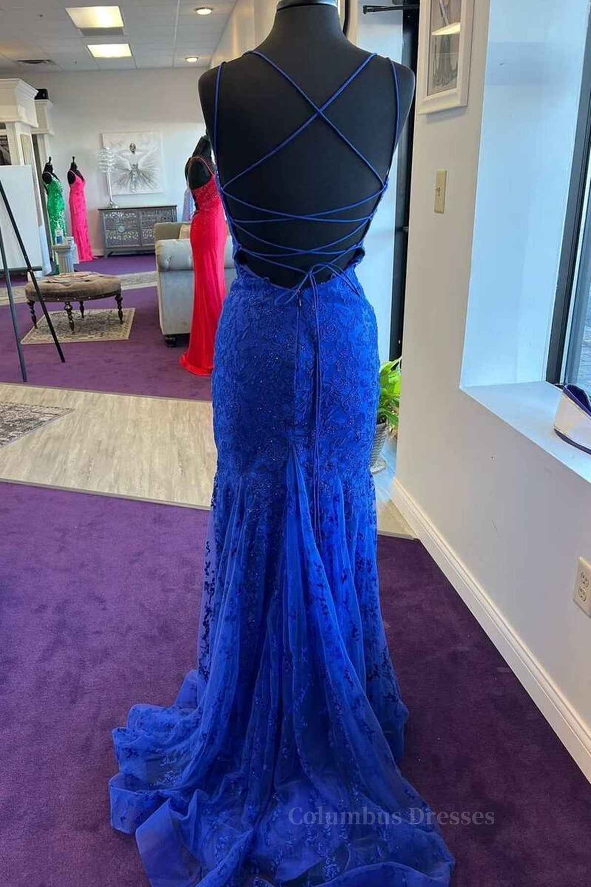 Bridesmaid Dress Stylee, Backless Mermaid Blue Lace Tulle Long Prom Dress, Mermaid Blue Formal Dress, Blue Lace Evening Dress