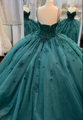 Bridesmaids Dresses Purple, Ball Gown Beaded Quinceanera Dress Spaghetti Straps Emerald Green Quince Dress