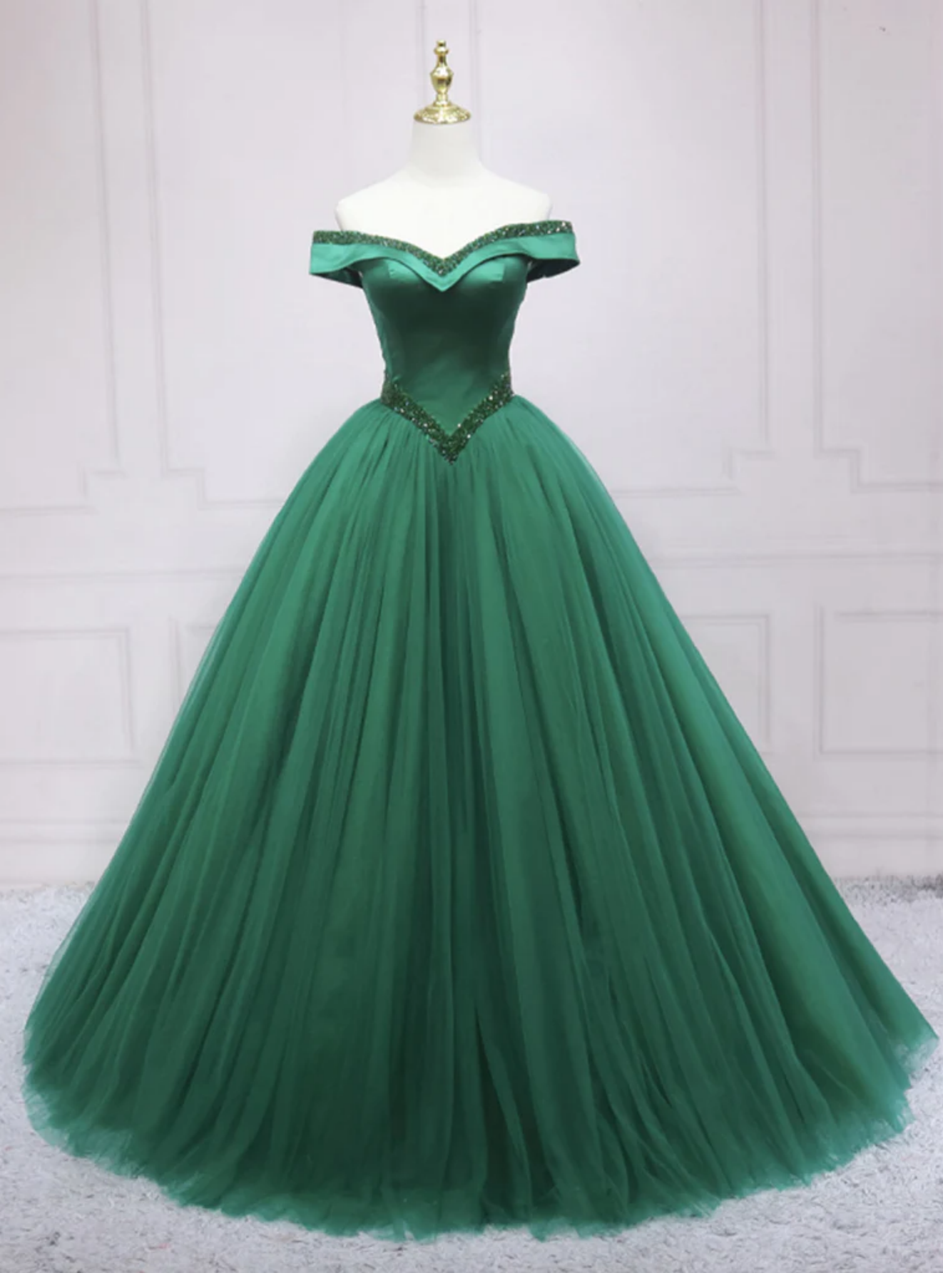 Ball Gown Green Tulle Off the Shoulder Beading Prom Dress