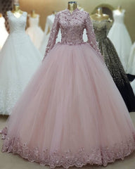 Ball Gown Long Sleeves Pink Tulle Evening Dress