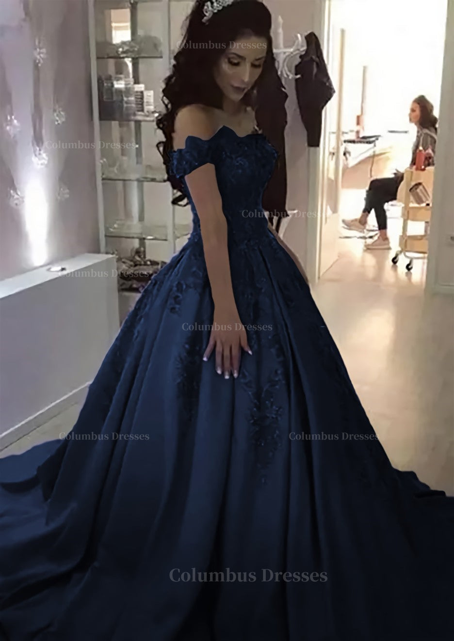 Rustic Wedding, Ball Gown Off-the-Shoulder Sleeveless Sweep Train Satin Prom Dress With Appliqued Beading