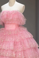 Ball Gown Pink Tulle Sequins Long Prom Evening Dress, Beautiful Pink Strapless Sweet 16 Dress