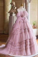 Ball Gown Pink Tulle Spaghetti Strap Long Prom Evening Dress, Pink Sweet 16 Dress