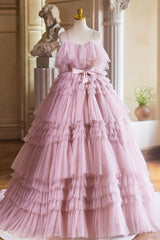 Ball Gown Pink Tulle Spaghetti Strap Long Prom Evening Dress, Pink Sweet 16 Dress