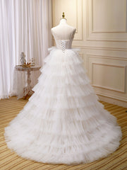 Prom Dresses Pattern, Ball-Gown/Princess Tulle White Long Prom Dresses With Beading Flower Cascading Ruffles