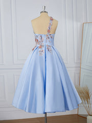 Prom Dress Under 60, Ball-Gown Satin One-Shoulder Flower Tea-Length Dress