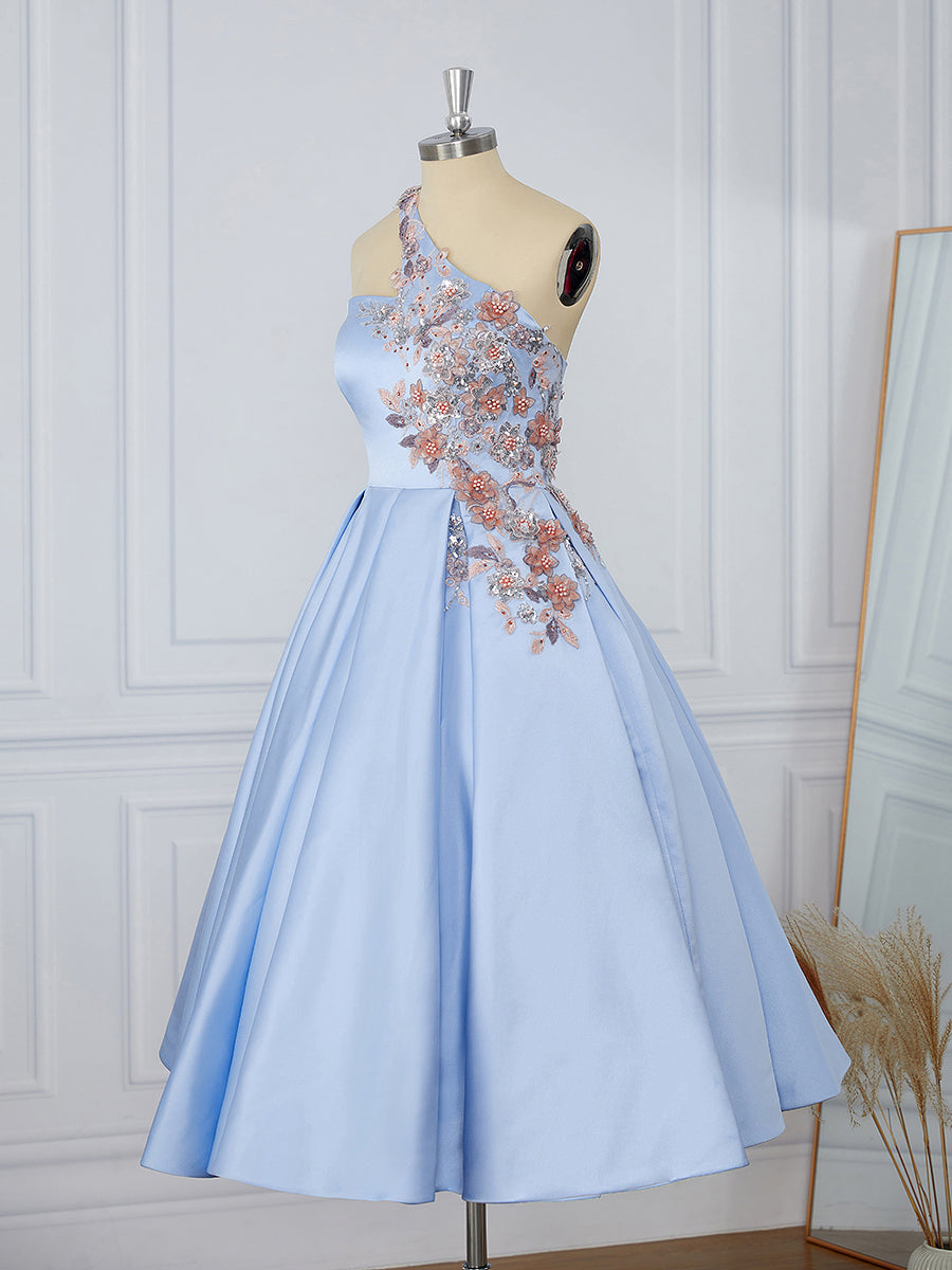 Prom Dresses 2032 Ball Gown, Ball-Gown Satin One-Shoulder Flower Tea-Length Dress