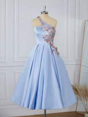 Prom Dress 10, Ball-Gown Satin One-Shoulder Flower Tea-Length Dress