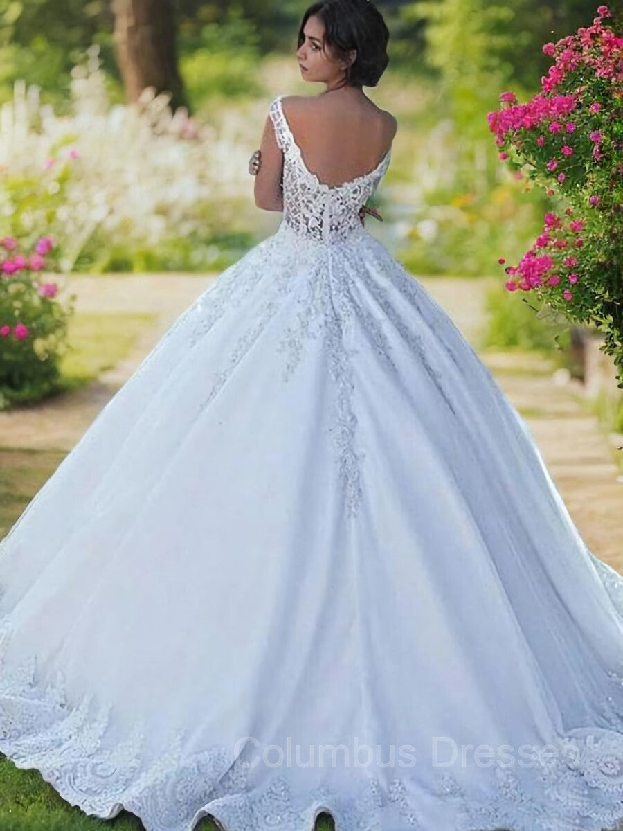 Wedding Dress Winter, Ball Gown Scoop Sweep Train Satin Wedding Dresses