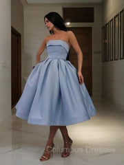 Prom Dresses 2031, Ball Gown Strapless Tea-Length Satin Homecoming Dresses With Ruffles