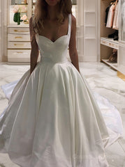 Wedding Dress A Line Sleeves, Ball Gown Sweetheart Sweep Train Satin Wedding Dresses