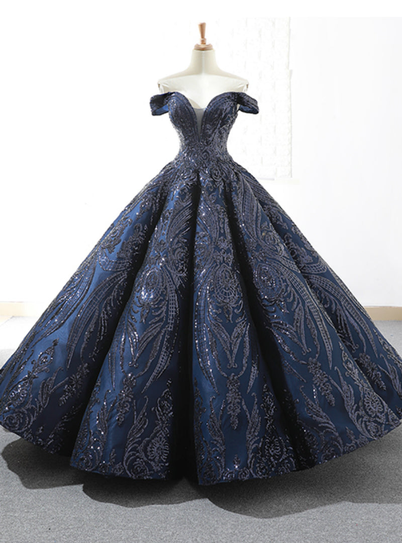 Be The Prom Queen In Navy Blue Sequins Ball Gown Off The Shoulder Prom Dress