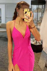 Beading Hot Pink Halter Prom Dress with Slit