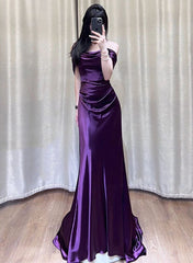 Beautiful Purple Satin Mermaid Off Shoulder Prom Dress, Purple Satin Evening Dress