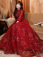 Beautiful Tulle Puffy Sleeves Long Party Dress, Wine Red Long Prom Dress Evening Dress