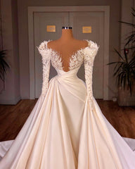 Wedding Dress Price, Biztunnel Long Mermaid V-neck Satin Lace Wedding Dresses with Sleeves