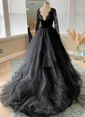 Black A-line Long Lace Sleeves Tulle Formal Dress, Black Prom Dress Party Dress