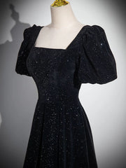 Black A-line Short Sleeves Velvet Simple Party Dress, Black Evening Dress Prom Dress