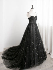 Bridesmaid Dress Colours, Black A line Sweetheart Neck Tulle Long Prom Dresses, Black Formal Graduation Dresses