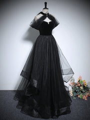 Black A-Line Tulle Long Prom Dress, Black Long Evening Dress