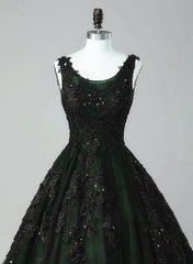 Black and Green Tulle with Lace Long Party Dress, A-line Low Back Evening Dress