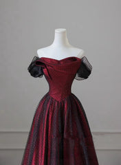 Black and Red Long Party Dress, Off Shoulder Tulle A-line Prom Dress