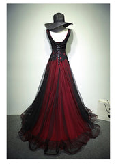 Black and Red Tulle V-neckline Beaded Lace Long Party Dress,A-line Formal Evening Dresses