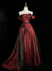 Black and Wine Red Satin Off Shoulder Formal Dress, A-line Long Prom Dress