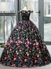 Black Ball Gown Embroidery Off the Shoulder Quinceanera Dress