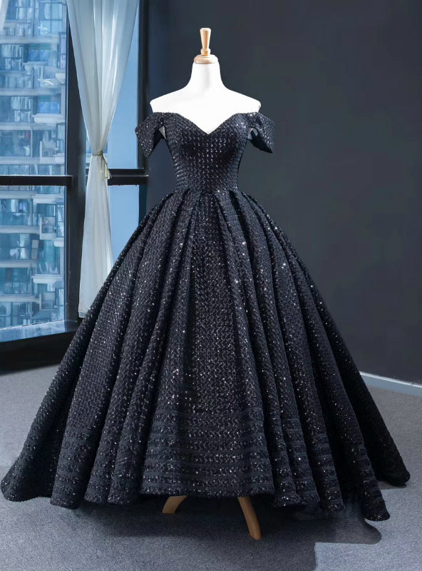 Black Ball Gown  Sequins Off the Shoulder Prom Dress