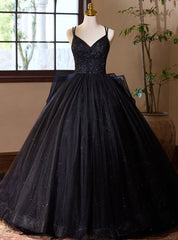 Black Ball Gown Tulle Straps Beading Quinceanera Dress