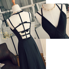 Evening Dress 1921, Black Chiffon Straps Long A-line Junior Prom Dress, Black Party Gowns