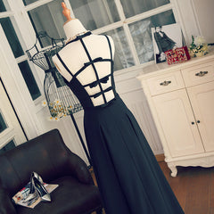 Evening Dress Modest, Black Chiffon Straps Long A-line Junior Prom Dress, Black Party Gowns