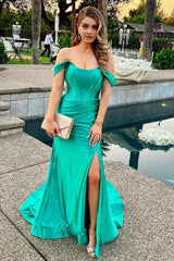 Black Corset Off the Shoulder Long Prom Dress with Slit