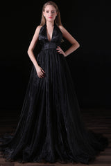 Beach Dress, Black Halter Deep V neck Backless Tulle Floro Length Prom Dresses