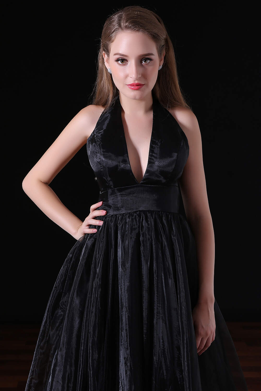 Bridesmaid Dresses Formal, Black Halter Deep V neck Backless Tulle Floro Length Prom Dresses