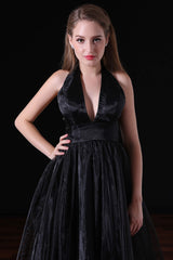 Bridesmaid Dresses Formal, Black Halter Deep V neck Backless Tulle Floro Length Prom Dresses