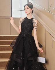 Black Halter Tulle Layers Long Formal Dress, Black Tulle Prom Dress