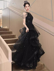 Black Halter Tulle Layers Long Formal Dress, Black Tulle Prom Dress