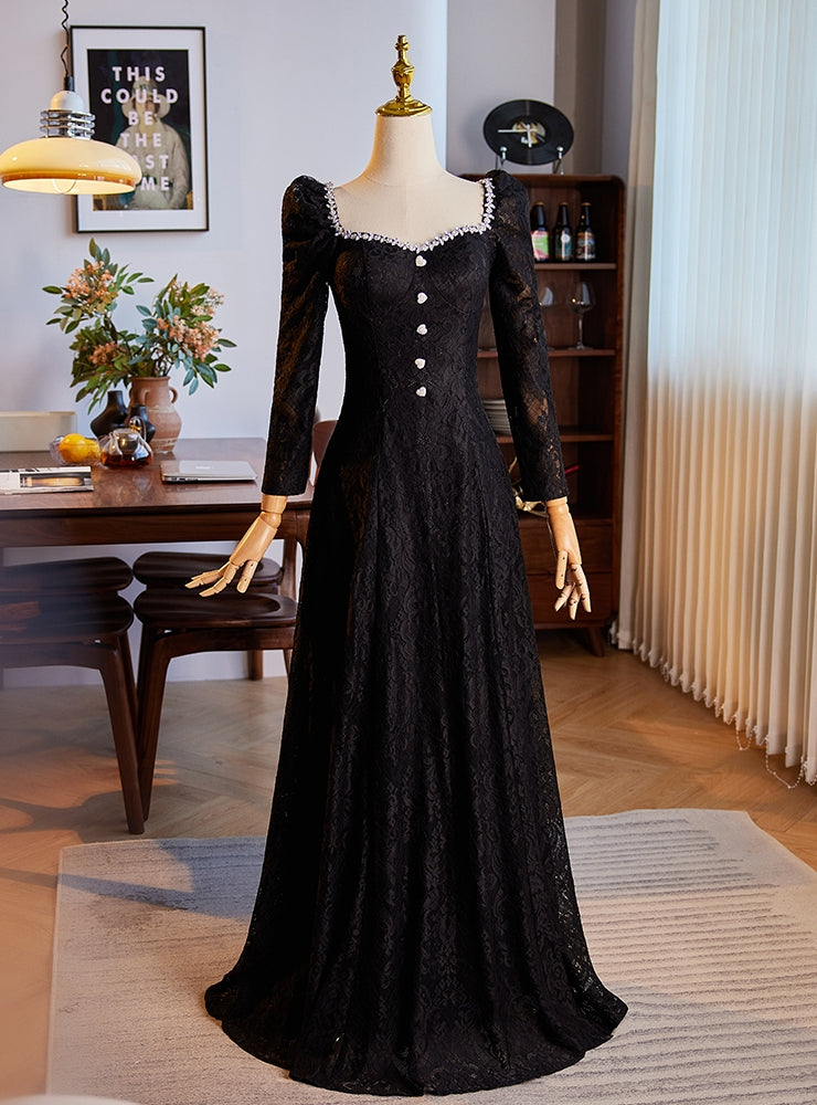 Black Lace Long Sleeve Square Neck Prom Dress